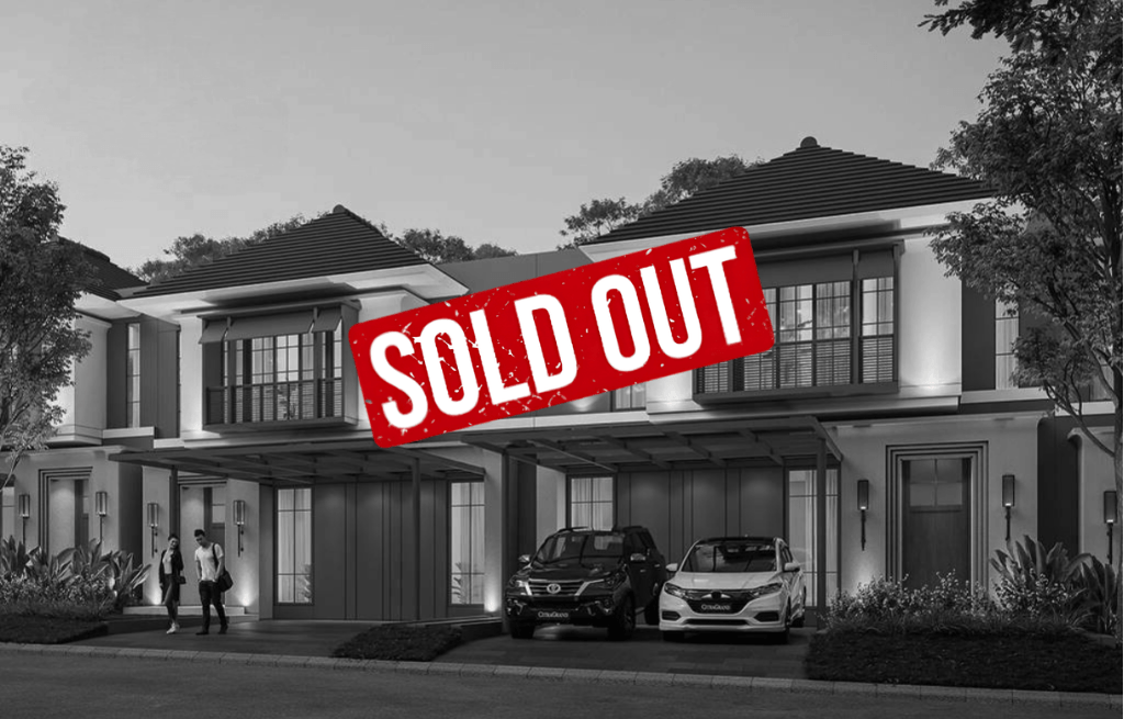 Two-story modern house for sale with a red 'SOLD OUT' stamp across the front. A driveway with two cars and a couple standing near the entrance.