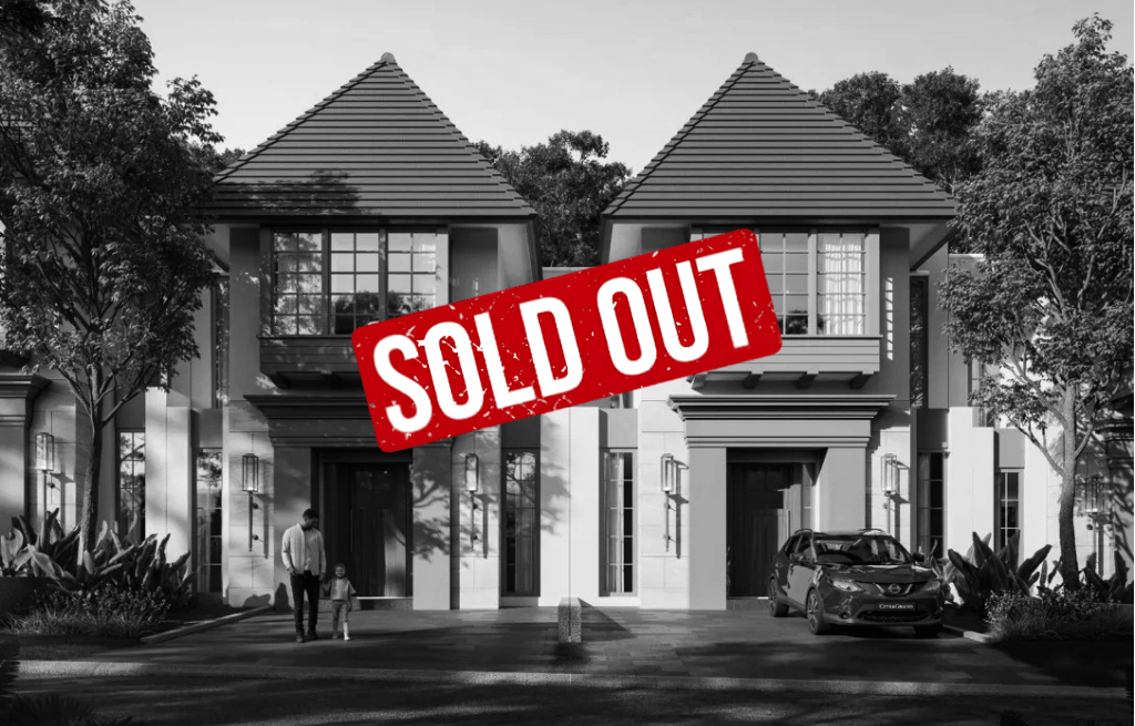 Two-story modern townhouse complex with a bold Sold Out banner across the center, a man and child near the entrance, and a car parked on the right drive.
