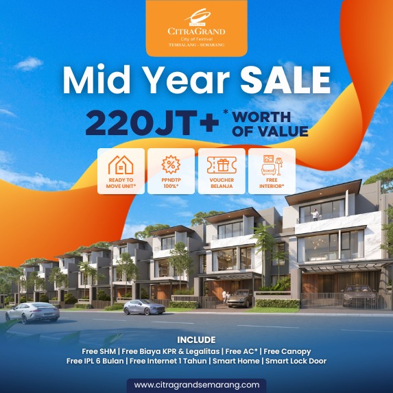 Promotional banner for Citragrand's Mid Year SALE with 220JT+ value, showing modern townhouses under a blue sky and an orange ribbon.