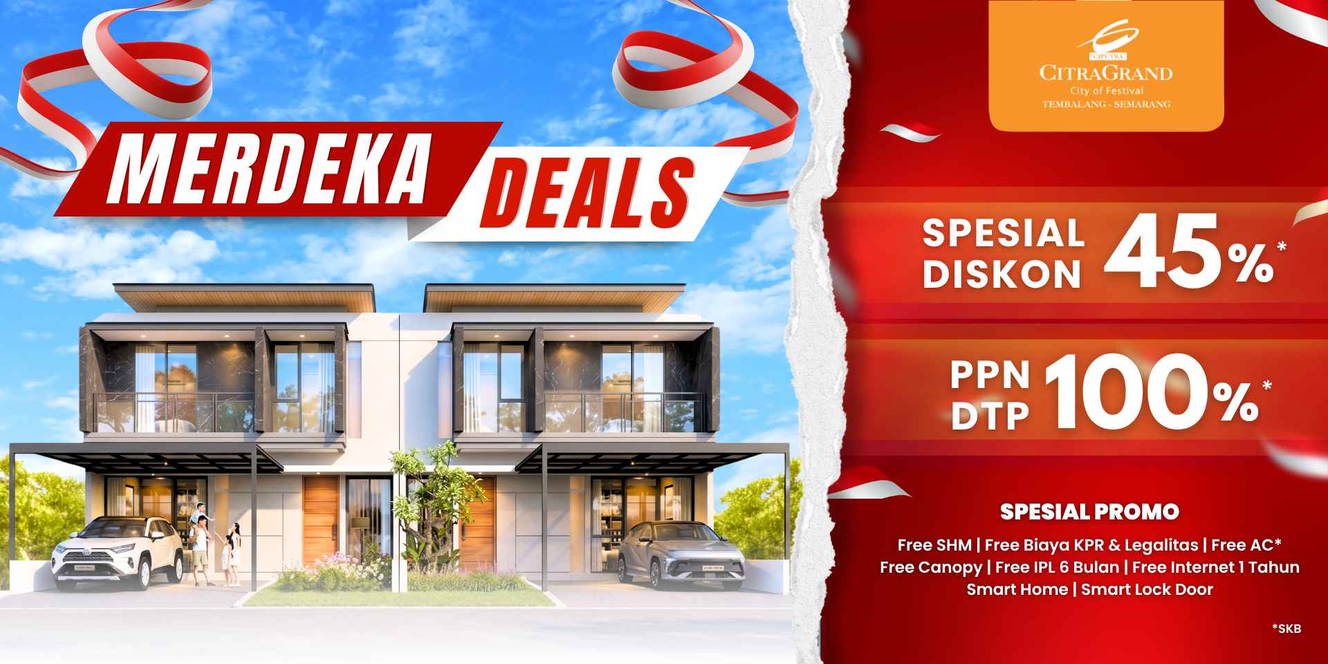 Two‑story modern house under a blue sky with a red Merdeka Deals banner and a red promo panel showing 45% off and other discounts on the right.