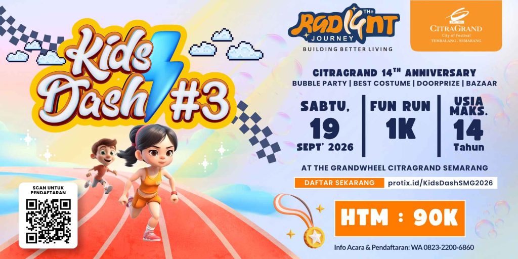 Promotional poster for Kids Dash #3: two cartoon runners, date 19 Sept 2026, 1K Fun Run, at Citragrand Semarang Grandwheel; includes QR code for registration.