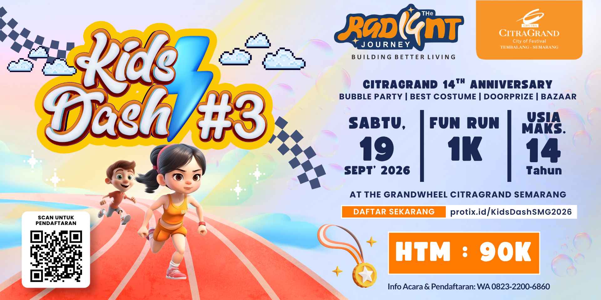 Promotional poster for Kids Dash #3: two cartoon runners, date 19 Sept 2026, 1K Fun Run, at Citragrand Semarang Grandwheel; includes QR code for registration.