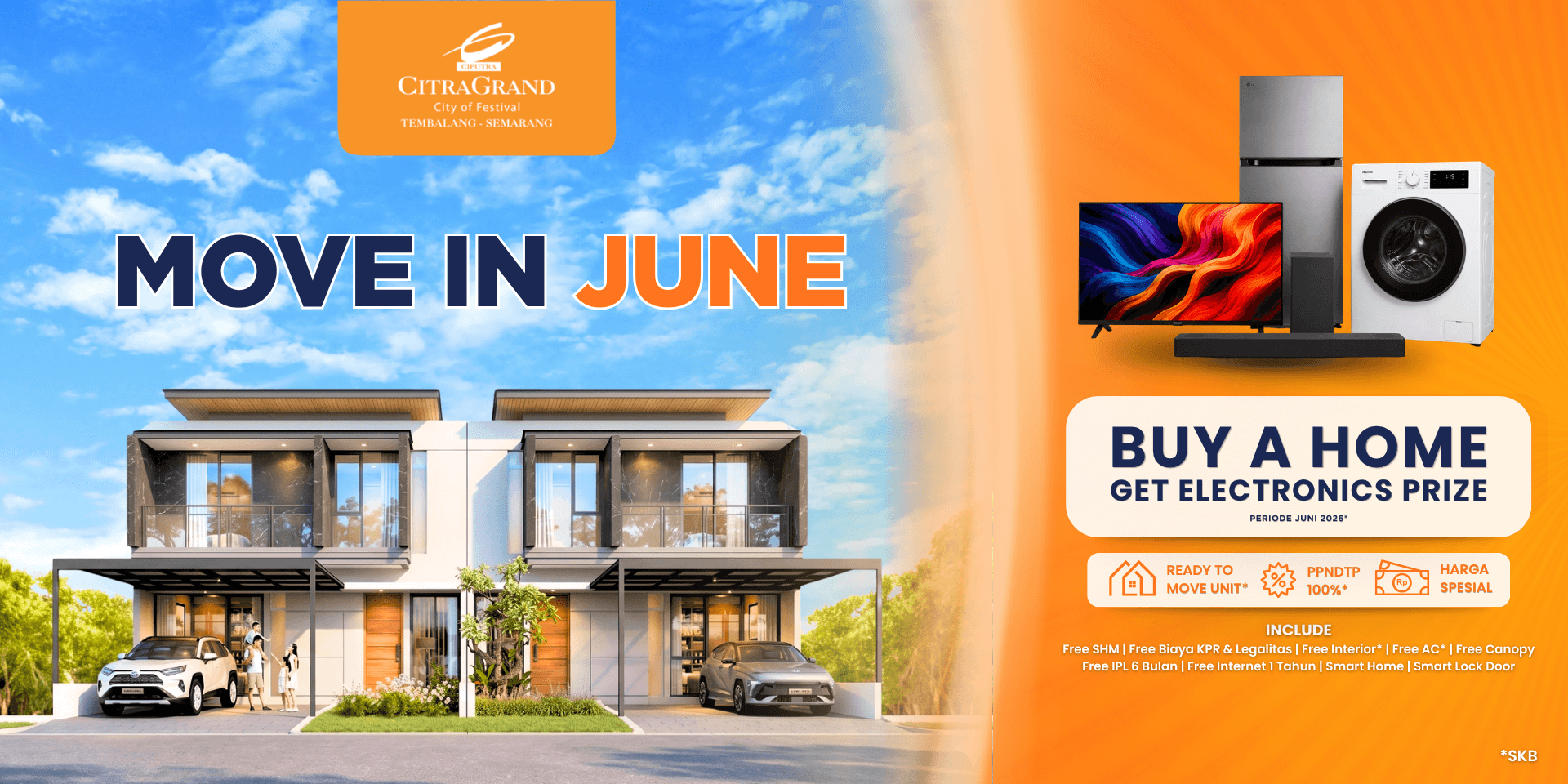 Promotional banner for CitraGrand: “MOVE IN JUNE” with a modern house on the left and an electronics prize on an orange background on the right.