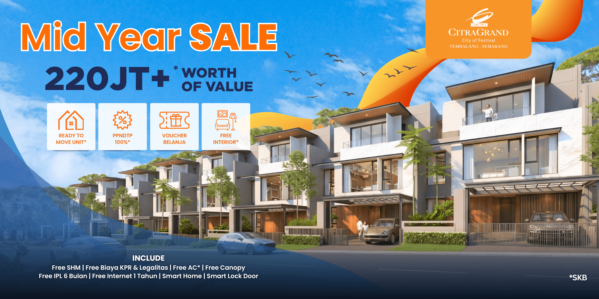 Promotional banner for a Mid Year SALE with modern row houses, bold orange and blue text, and four benefit icons: Ready to Move, PPnDTP 100%, Voucher Belanja, Free Interior.